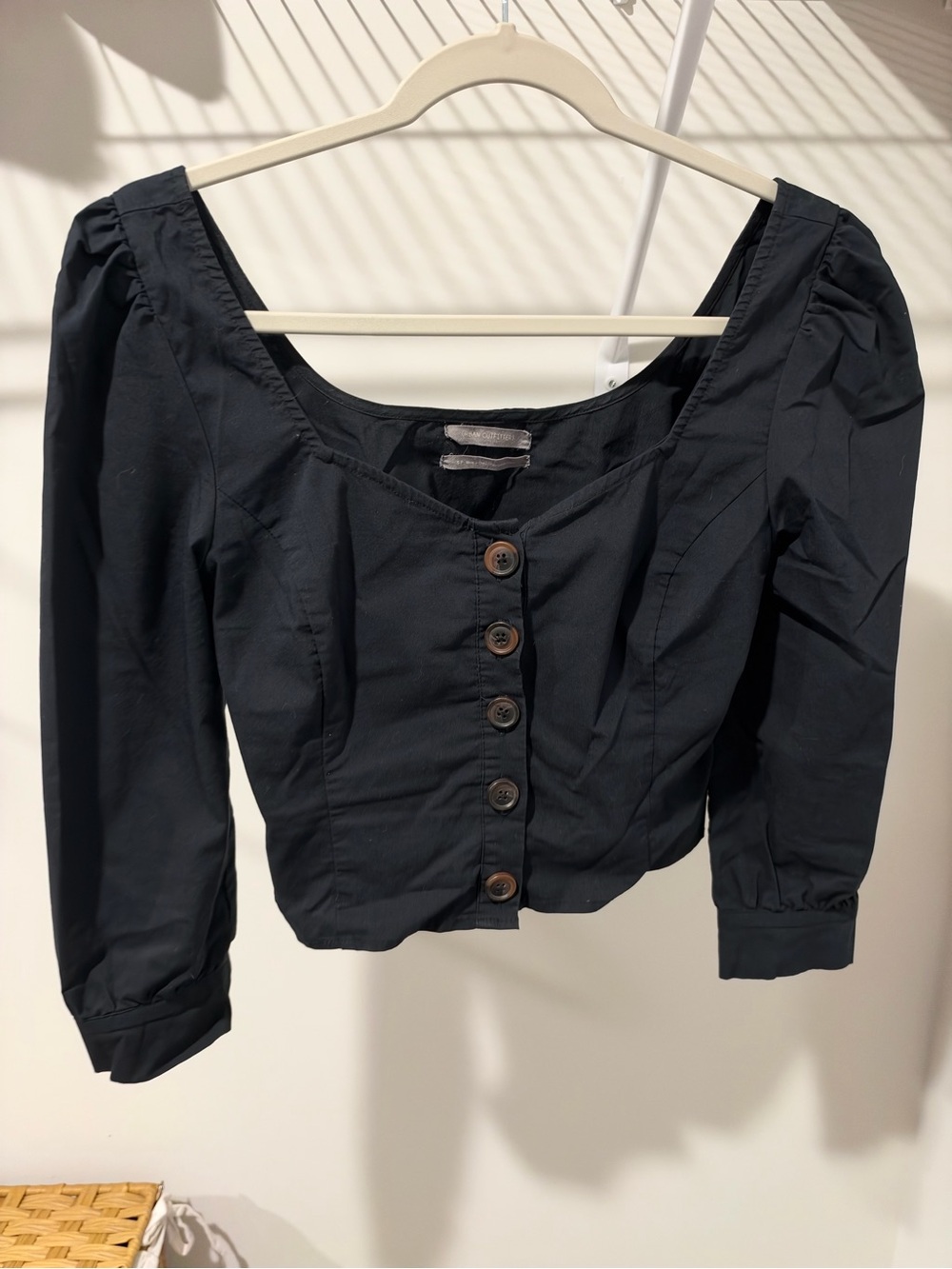 Urban Outfitters Black Puff Sleeve Button Down Cropped Blouse Top